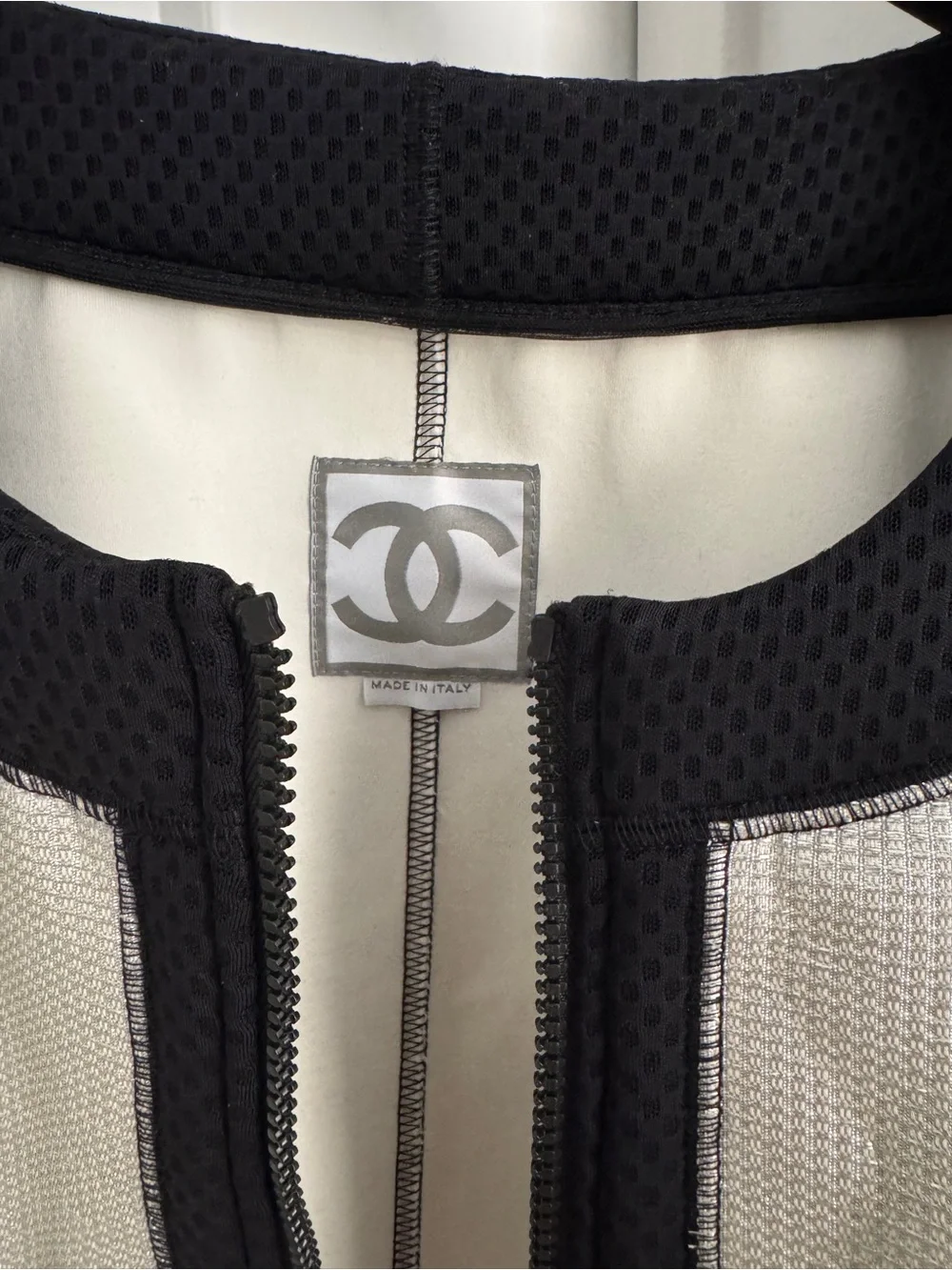Chanel 07P Silver Metallic Black Cropped Zip Jacket - Mesh Trim Jacket